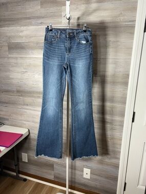 Women's Blue Wide-Leg Flare Jeans with Frayed Hem 2052